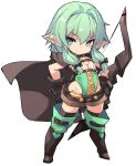  1girl bangs black_bow black_gloves boots bow bow_(weapon) chibi closed_mouth commentary_request elf flat_chest full_body gloves goblin_slayer! green_eyes green_hair groin hair_bow hand_on_hip high_elf_archer_(goblin_slayer!) highres holding holding_weapon karukan_(monjya) long_hair looking_at_viewer pointy_ears short_shorts shorts sidelocks simple_background smile solo standing thigh-highs thigh_boots weapon white_background 