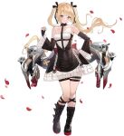  1girl artist_request azur_lane bangs black_footwear blonde_hair blue_eyes boots dead_or_alive dead_or_alive_xtreme dress fingerless_gloves full_body gloves highres long_hair looking_at_viewer machinery mary_rose official_art petals short_dress smile solo standing tied_hair turret twintails 