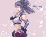  1girl armpits bare_shoulders breasts fire_emblem fire_emblem_fates hand_on_hip highres holding holding_weapon large_breasts long_hair looking_at_viewer midriff navel open_mouth orochi_(fire_emblem) purple_hair smile solo suikomu_now upper_body weapon 
