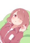  1girl :o bangs blush breasts brown_hair commentary hair_over_one_eye hand_up hatafuta hoshino_miyako_(wataten) jacket long_sleeves looking_at_viewer lying on_back open_mouth red_eyes red_jacket short_hair simple_background solo track_jacket upper_body watashi_ni_tenshi_ga_maiorita! white_background zipper_pull_tab 