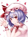  1girl absurdres closed_mouth eyebrows_visible_through_hair fang hand_up hat highres looking_at_viewer mob_cap petals puffy_short_sleeves puffy_sleeves purple_hair red_eyes remilia_scarlet setsurimu_(pro_viden) short_hair short_sleeves simple_background skin_fang smile solo touhou upper_body white_background wrist_cuffs 