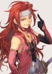  1boy bare_shoulders gloves hankuri headband hankuri long_hair pink_vest pointing raised_eyebrow redhead simple_background smile solo tales_of_(series) tales_of_symphonia vest violet_eyes weapon white_background zelos_wilder 