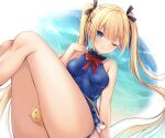  1girl 1other azur_lane bare_shoulders black_ribbon blonde_hair blue_eyes breasts dead_or_alive eyebrows_visible_through_hair eyes_visible_through_hair frills hair_ornament hair_ribbon hand_on_shoulder highres kiri_celea knees_up legs_together leotard long_hair looking_at_viewer manjuu_(azur_lane) marie_rose medium_breasts one_eye_closed ribbon simple_background sitting smile swimsuit thighs tongue tongue_out twintails very_long_hair water x_hair_ornament 