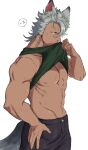  1boy animal_ears dark_skin dark_skinned_male groin hair_between_eyes hand_on_hip jack_howl male_focus mmmob11 open_mouth pants shirt_lift simple_background tail tank_top twisted_wonderland white_hair wolf_boy wolf_ears wolf_tail yellow_eyes 