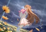  1girl ahoge bangs braid brown_hair closed_mouth clouds cloudy_sky commentary copyright_request dress dutch_angle eyebrows_visible_through_hair flower green_eyes hair_between_eyes hair_flower hair_ornament highres hks_(timbougami) hug juliet_sleeves long_hair long_sleeves looking_away outdoors overcast petals pink_flower pleated_dress puffy_sleeves rain single_braid sky solo standing thigh-highs very_long_hair white_dress white_legwear wide_sleeves yellow_flower 