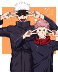  2boys :d arms_up black_jacket blindfold brown_eyes brown_hair covered_eyes double_v facial_mark gakuran gojou_satoru grin high_collar hood hood_down hoodie itadori_yuuji jacket jujutsu_kaisen long_sleeves looking_at_viewer male_focus multiple_boys open_mouth orange_background red_hoodie school_uniform short_hair simple_background smile standing star_(symbol) two-tone_background upper_body upper_teeth v v-shaped_eyebrows white_background white_hair yo_korasho 