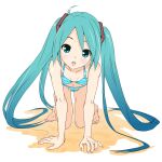  1girl all_fours aqua_eyes aqua_hair beach bikini blush breasts collarbone commentary foreshortening hair_ornament hatsune_miku long_hair looking_at_viewer navel open_mouth sand small_breasts solo soukun_s striped striped_bikini swimsuit twintails very_long_hair vocaloid vocaloid_(lat-type_ver) 
