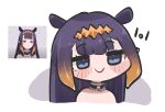  1girl bangs bare_shoulders black_hair blush chibi choker deep_shine eyebrows_visible_through_hair fur_trim grey_eyes headdress highres hololive hololive_english looking_to_the_side mole mole_under_eye ninomae_ina&#039;nis reference_photo_inset smile smug tentacle_hair virtual_youtuber white_background 