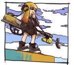  1girl ankle_boots black_coat black_shorts boots buttons clouds coat domino_mask e-liter_4k_(splatoon) grin hand_in_pocket hand_to_own_mouth hand_up headphones inkling long_hair long_sleeves mask nishikuromori orange_eyes orange_hair outdoors paint pocket shorts smile solo splatoon_(series) splatoon_2 standing tentacle_hair 