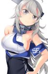  1girl ahoge bangs bare_shoulders breasts closed_mouth dress frown grey_eyes headgear highres kantai_collection long_hair medium_breasts off_shoulder silver_hair simple_background solo underwear washington_(kantai_collection) white_background yasume_yukito 