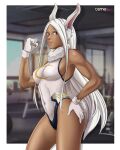  1girl animal_ears arms_up boku_no_hero_academia breasts dark_skin gloves highres leotard long_hair looking_at_viewer md5_mismatch mirko muscle osmedraw rabbit red_eyes resolution_mismatch smile source_larger superhero tail white_hair white_leotard 