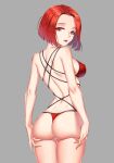  1girl absurdres ass back bare_shoulders bra breasts eyebrows_visible_through_hair grey_background hand_on_ass highres lips lipstick looking_at_viewer makeup medium_hair open_mouth original panties red_bra red_eyes red_panties redhead solo thong underwear yi_mian 