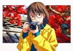  1girl bangs blue_sweater brown_eyes brown_hair camera coat eyebrows_visible_through_hair glasses holding holding_camera long_sleeves looking_at_viewer medium_hair original photo_background smile solo sweater tomoke yellow_coat 