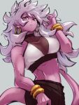  1girl alternate_costume android_21 bracelet breasts dragon_ball dragon_ball_fighterz earrings grey_background hand_up hoop_earrings jewelry kemachiku long_hair looking_at_viewer majin_android_21 medium_breasts midriff navel pink_skin pointy_ears red_eyes simple_background solo tail white_hair 