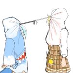  2girls adapted_costume bbbbungle blonde_hair blue_hair clenched_hand covered_face drawstring drawstring_pull english_commentary from_side gawr_gura hololive hololive_english hood hoodie multiple_girls open_hand plaid plaid_skirt skirt standing tail virtual_youtuber watson_amelia white_background 