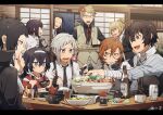  3girls 6+boys :d ^_^ akutagawa_ryuunosuke_(bungou_stray_dogs) anger_vein bandaged_arm bandages bangs beer_bottle beer_can beige_pants beige_vest black_border black_coat black_eyes black_gloves black_hair black_jacket black_neckwear black_shirt blonde_hair blue_eyes blunt_bangs blush bob_cut border bowl brown_eyes brown_hair bungou_stray_dogs can chopsticks closed_eyes coat collared_coat collared_shirt cup dazai_osamu_(bungou_stray_dogs) dress_shirt eating fingerless_gloves flower food formal glasses gloves grey_hair grey_shirt grey_vest hair_between_eyes hair_bun hair_flower hair_ornament hands_up higuchi_ichiyou_(bungou_stray_dogs) holding holding_bowl holding_can holding_chopsticks holding_tray indoors izumi_kyouka_(bungou_stray_dogs) jacket japanese_clothes kimono kiragera kunikida_doppo_(bungou_stray_dogs) letterboxed long_hair looking_at_another low_ponytail low_twintails mori_ougai_(bungou_stray_dogs) multiple_boys multiple_girls nabe nakahara_chuuya nakajima_atsushi_(bungou_stray_dogs) neck_ribbon necktie night open_mouth orange_eyes pinstripe_pattern profile red_kimono red_ribbon ribbon rice rice_bowl saliva sanpaku shirt short_hair sitting sleeves_rolled_up sliding_doors smile sparkle sparkling_eyes striped striped_shirt suspenders sweatdrop table thinking tray twintails twitter_username upper_body vest white_gloves white_shirt wooden_table yosano_akiko 