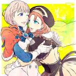  2girls annette_fantine_dominic annette_fantine_dominic_(cosplay) blonde_hair blue_eyes capelet cosplay costume_switch earrings fire_emblem fire_emblem:_three_houses gloves hat hug jewelry looking_at_another mercedes_von_martritz mercedes_von_martritz_(cosplay) multiple_girls orange_hair ribbon short_hair totototope upper_body 