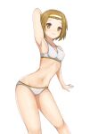  absurdres arm_up armpits bikini blush forehead hairband highres k-on! light_brown_eyes light_brown_hair navel short_hair smile solo swimsuit tainaka_ritsu white_background white_bikini yasuc 