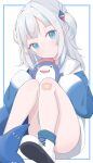  1girl :t absurdres bandaid bandaid_on_knee bangs bloop_(gawr_gura) blue_eyes blue_hair blue_hoodie blue_legwear blush closed_mouth commentary english_commentary fish_tail gawr_gura grey_hair head_tilt highres holding hololive hololive_english hood hood_down hoodie long_hair long_sleeves looking_at_viewer multicolored_hair pout shark_tail shoe_soles shoes sleeves_past_fingers sleeves_past_wrists socks starfox1015 streaked_hair tail two_side_up virtual_youtuber white_background white_footwear 