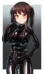  1girl black_bodysuit bodysuit brown_hair eyebrows_visible_through_hair hand_on_hip harness highres ibusuki latex latex_bodysuit looking_at_viewer original shiny shiny_clothes skin_tight smile solo twintails yellow_eyes 