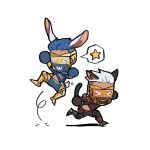  2boys animal_ears apex_legends black_jacket black_shorts blue_hair blue_jacket blue_shorts cat_boy cat_ears cat_tail chibi dark-skinned_male dark_skin fast_fashion_octane hair_slicked_back highres jacket kemonomimi_mode male_focus mask mechanical_legs mouth_mask multiple_boys octane_(apex_legends) official_alternate_costume overdrive_octane rabbit_boy rabbit_ears rabbit_tail shorts sky_(skyblitzhart) tail white_hair 