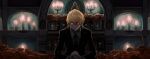  1boy black_neckwear black_suit blonde_hair candelabra candle closed_mouth earrings emu_taro eyeball fingernails fire flame flower formal glowing glowing_eyes hair_between_eyes hands_together highres hunter_x_hunter immersed indoors jewelry kurapika looking_at_viewer male_focus necktie painterly red_eyes red_flower red_rose rose sitting solo statue suit water wide-eyed 