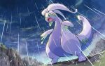  artist_name commentary_request from_below gen_6_pokemon goodra green_eyes hands_up legs_apart no_humans open_mouth outdoors peron_(niki2ki884) pokemon pokemon_(creature) rain slime solo standing toes tongue 