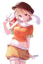  :o absurdres animal_ears blonde_hair breasts brown_headwear cabbie_hat chikuwa_savy cowboy_shot dango eyebrows_visible_through_hair flat_cap floppy_ears food frilled_shirt_collar frilled_shorts frills hat highres holding holding_food looking_at_viewer medium_breasts midriff moon_rabbit navel open_mouth orange_shirt rabbit_ears red_eyes ringo_(touhou) shirt short_hair shorts simple_background striped striped_shorts touhou wagashi white_background yellow_shorts 