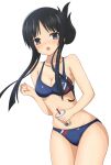  absurdres akiyama_mio bangs bikini black_hair blue_eyes blue_swimsuit blush breasts bubble_tea eyebrows_visible_through_hair flustered highres k-on! long_hair open_mouth swimsuit white_background yasuc 