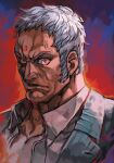  1boy blue_eyes closed_mouth curly_hair dark_skin dark_skinned_male forehead_jewel formal grey_suit hankuri hankuri looking_at_viewer male_focus manly muscle red_eyes shirt sideburns simple_background solo street_fighter street_fighter_v suit upper_body urien white_hair white_shirt 