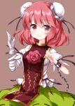  1girl bandaged_arm bandages bangs black_ribbon brown_background bun_cover closed_mouth cuffs double_bun eyebrows_visible_through_hair flower green_skirt highres ibaraki_kasen looking_at_viewer medium_hair pink_eyes pink_flower pink_hair pink_rose ribbon ribbon-trimmed_skirt ribbon_trim rose ruu_(tksymkw) shackles shirt short_sleeves simple_background skirt smile solo tabard touhou white_shirt 