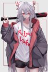  absurdres alternate_costume baggy_clothes bangs baseball_bat black_shorts blood blood_stain bow clothes_writing commentary_request contemporary cowboy_shot english_text fall_dommmmmer fujiwara_no_mokou grey_background grey_hair grey_jacket hand_in_pocket hand_up highres holding jacket light_frown long_hair long_sleeves looking_at_viewer off_shoulder red_eyes shirt shorts t-shirt touhou very_long_hair white_bow white_shirt 