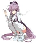  1girl :o artist_name bangs black_bow black_skirt blue_eyes bow chain cigarette commission eyebrows_visible_through_hair hair_bow highres holding holding_cigarette long_hair oh_(aung_ae) open_mouth original ponytail purple_hair shirt_tucked_in shoes skirt smoking sneakers solo thigh-highs tied_hair very_long_hair white_background 