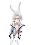  1girl absurdres animal_ears arknights bangs bare_shoulders bikini chinese_commentary commentary_request feet_out_of_frame frostnova_(arknights) grey_eyes groin hair_over_one_eye highres huizhiyin jacket long_hair looking_at_viewer navel off_shoulder open_clothes open_jacket rabbit_ears scar scar_on_face scar_on_nose silver_hair simple_background solo stomach swimsuit thigh-highs thighs white_background white_bikini white_jacket white_legwear wristband 