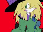  1girl blonde_hair bow collar diamond_(shape) fusion green_eyes green_shirt hair_between_eyes hat hat_bow headwear komeiji_koishi purple_collar sad sentaku-bune shirt third_eye touhou yakumo_koishi yakumo_yukari 