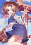  1girl arm_up asllapistone autumn autumn_leaves bangs blonde_hair blue_skirt blue_sky blue_vest brown_eyes brown_headwear clouds commentary eyebrows_visible_through_hair feet_out_of_frame folded_leg ginkgo_leaf hat high_collar highres leaf long_sleeves looking_at_viewer maple_leaf midriff_peek moriya_suwako open_mouth outdoors parted_bangs ribbon-trimmed_sleeves ribbon_trim shirt short_hair skirt sky solo standing standing_on_one_leg torii touhou tree upper_teeth vest white_shirt wide_sleeves 