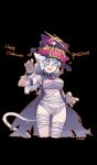  1girl absurdres alchemy_stars animal_ears blue_eyes breasts cat_ears cat_tail halloween halloween_costume hat highres mummy_costume philyshy_(alchemy_stars) tail waffle_drink white_hair 