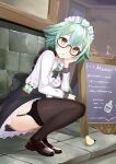  1girl absurdres animal_ears bird black_legwear bow bowtie breasts choker collarbone dominicz full_body garter_straps genshin_impact glasses green_eyes hat highres long_sleeves maid maid_headdress open_mouth outdoors sign squatting sucrose_(genshin_impact) thigh-highs thighs 