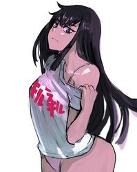  1girl 6maker black_hair blue_eyes breasts highres kill_la_kill kiryuuin_satsuki large_breasts long_hair looking_at_viewer panties shirt simple_background solo thick_eyebrows thighs underwear 