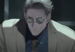  1boy blonde_hair blue_shirt brown_jacket brown_neckwear brown_suit closed_mouth collared_shirt dress_shirt formal highres jacket jujutsu_kaisen kuro_(grf) looking_at_viewer male_focus nanami_kento necktie round_eyewear shirt short_hair solo sunglasses tsurime upper_body 