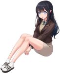  1girl absurdres black_hair blazer blue_eyes brown_jacket brown_skirt eyeliner green_neckwear highres jacket kim_nag-seo long_hair long_sleeves makeup miniskirt necktie original pencil_skirt pointy_ears sandals sitting skirt socks solo white_legwear 