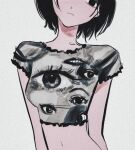  1girl black_eyes black_hair breasts crop_top empty_eyes eye_print head_out_of_frame head_tilt highres hirumanoinu looking_at_viewer medium_breasts midriff navel original print_shirt shirt short_hair short_sleeves simple_background solo static upper_body white_background 