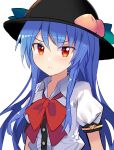  1girl black_headwear blue_hair blush bow bowtie closed_mouth commentary_request e.o. eyebrows_visible_through_hair food frown fruit hair_between_eyes hat highres hinanawi_tenshi long_hair looking_at_viewer peach puffy_short_sleeves puffy_sleeves red_bow red_eyes red_neckwear shirt short_sleeves simple_background solo touhou upper_body v-shaped_eyebrows white_background white_shirt 