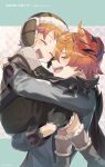  2boys ^_^ ^o^ boots brothers carrying childe_(genshin_impact) closed_eyes earrings family genshin_impact happy hat highres hug jam8686 jewelry long_sleeves mask multiple_boys open_mouth orange_hair pants siblings smile spoilers teucer_(genshin_impact) 
