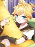  1boy angry arm_warmers banana bass_clef black_collar blonde_hair blue_eyes collar commentary couch curtains food fruit headphones headset highres holding holding_food holding_fruit holding_toy indoors kagamine_len leg_warmers looking_at_viewer male_focus nail_polish pouty_lips sailor_collar school_uniform shirt short_ponytail short_sleeves sitting solo soramame_pikuto spiky_hair star_(symbol) star_ornament stuffed_toy toy v-shaped_eyebrows vocaloid white_shirt yellow_nails 