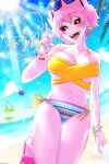  2girls absurdres ashido_mina ball beach beachball black_sclera boku_no_hero_academia bracelet breasts earrings eyebrows_visible_through_hair eyewear_on_head hagakure_tooru highres huge_filesize invisible jewelry large_breasts multiple_girls navel open_mouth pink_hair pink_skin short_hair sunglasses swimsuit terano_haruma v yellow_eyes 