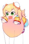  1girl balloon blonde_hair blush chibi double_bun english_commentary eyebrows_visible_through_hair fang floating green_eyes hololive momosuzu_nene open_mouth solo the_drying_off_yoako transparent_background virtual_youtuber 