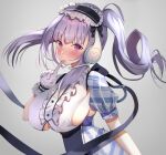  1girl aa44 azur_lane breasts clothing_cutout commentary dido_(azur_lane) earphones eyebrows_visible_through_hair finger_to_mouth gloves grey_background highres large_breasts light_purple_hair long_hair looking_at_viewer looking_to_the_side short_sleeves side_ponytail sideboob simple_background solo under_boob underboob_cutout violet_eyes white_gloves 