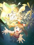  1girl :d arms_up bangs bare_arms bow_hairband brown_hair collarbone commentary_request eyebrows_visible_through_hair eyelashes from_above gen_3_pokemon glowing grass grey_eyes hairband jirachi may_(pokemon) mythical_pokemon nagi_(exsit00) night open_mouth outdoors pokemon pokemon_(creature) pokemon_(game) pokemon_oras red_hairband red_shirt shirt sleeveless sleeveless_shirt smile spread_fingers tongue torchic 
