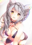  1girl all_fours animal_ears braid dated erune fraux gem granblue_fantasy grey_hair highres long_hair micro_shorts pilokey shorts signature thigh-highs yellow_eyes 